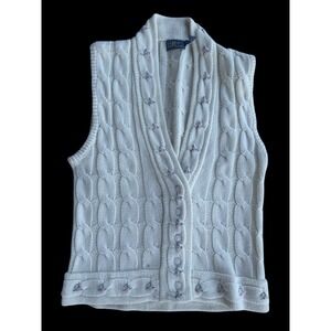 Vintage Ivory Cableknit Women's Rosette‎ Vest Sweater Cottagecore Size Large
